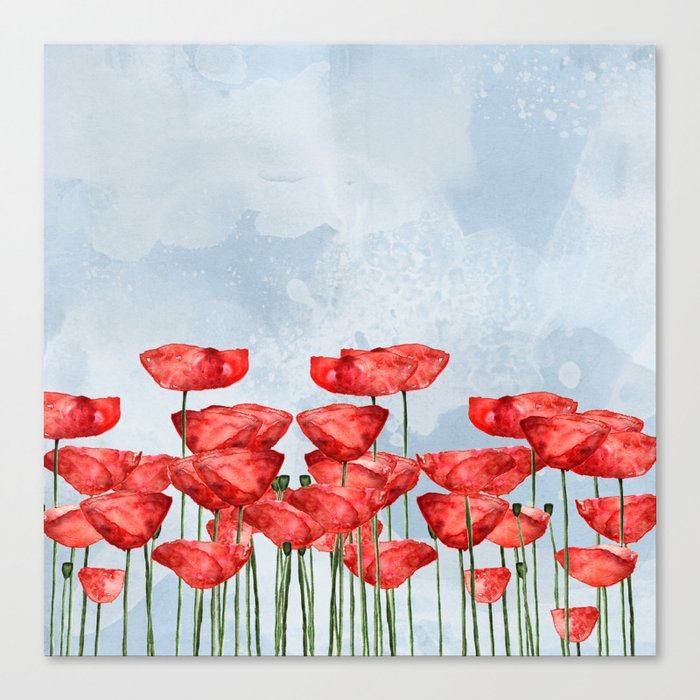 Poppyfield poppies poppy blue sky - watercolor artwork Canvas Print