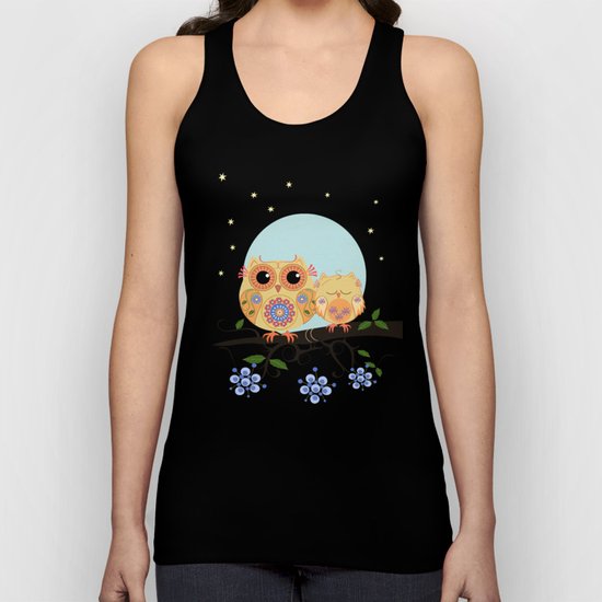 Colourful Flower power owl with her sleepy baby on branch Unisex Tank Top