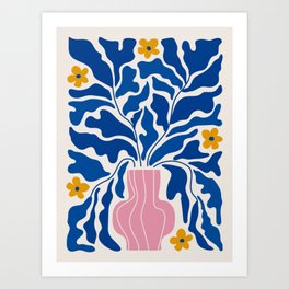 Summer Bloom: Electric Blue Leaves & Golden Poppies Art Print