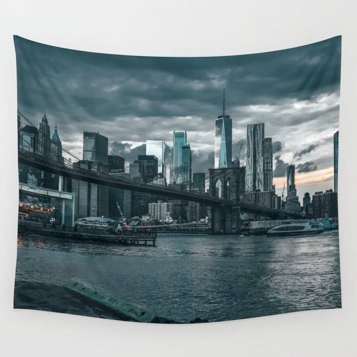 Brooklyn Bridge and Manhattan skyline at sunset in New York City Wall Tapestry