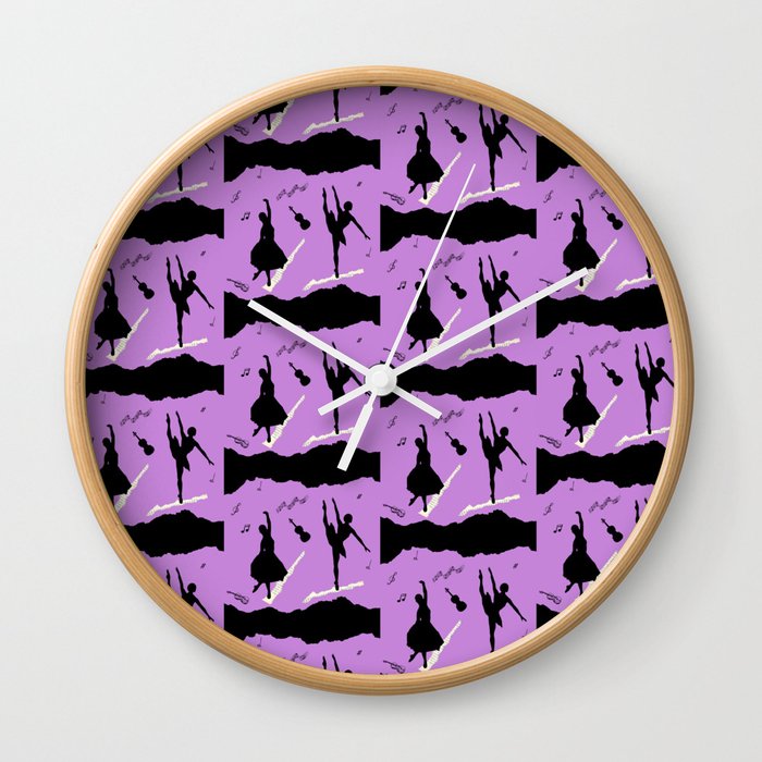 Two ballerina figures in black on violet paper Wall Clock