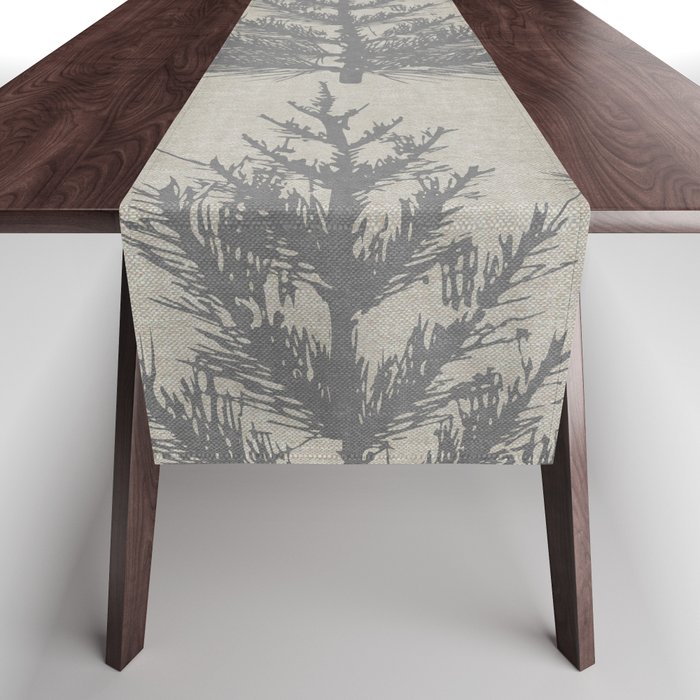 Christmas Trees and Deer, Faux Linen, Pattern, Gray and Blue Table Runner