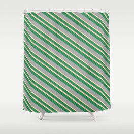 [ Thumbnail: Tan, Sea Green, and Dark Gray Colored Stripes/Lines Pattern Shower Curtain ]