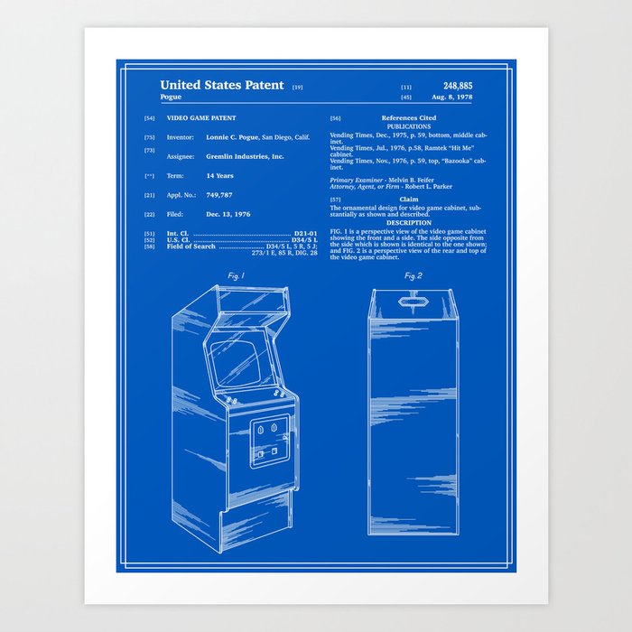 Arcade Game Patent - Blueprint Art Print