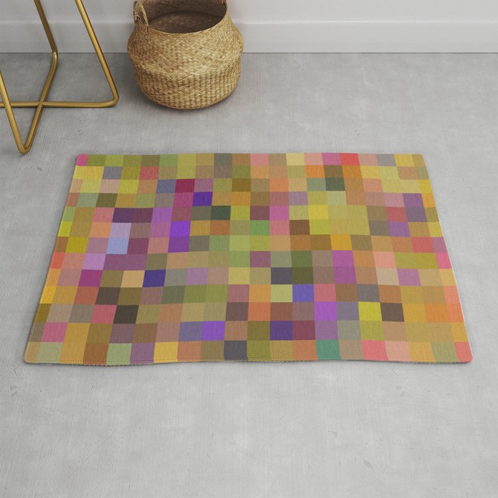 Geometric Square Pixel Pattern Abstract In Yellow Green Purple Rug By Timla Society6
