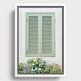 Green Pastel Windows In Antibes, Travel Photography France Print, French Riviera Tones, Urban City Boho Print Framed Canvas