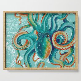 Teal Octopus On Light Teal Vintage Map Serving Tray