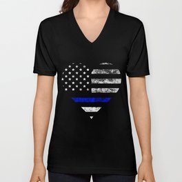 Thin Blue Line Police Officer LEO USA America Flag Heart Gift Cop Sherrif Blue Lives Matter V Neck T Shirt