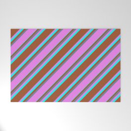 [ Thumbnail: Slate Gray, Violet, Aqua & Sienna Colored Striped/Lined Pattern Welcome Mat ]