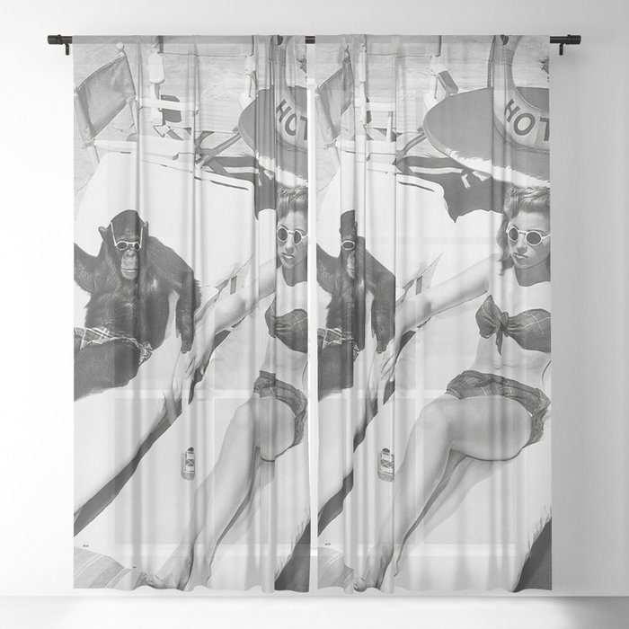 Lady and Chimp Sunbathing, Black and White, Vintage Art Sheer Curtain