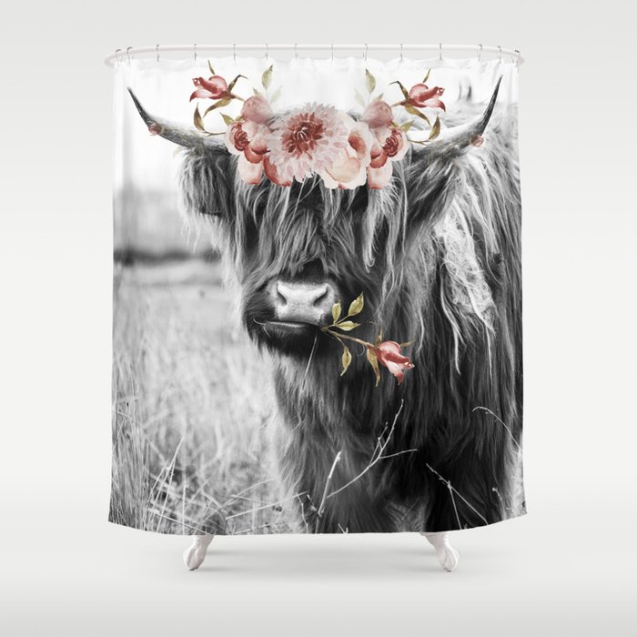 Highland Cow Landscape with Flowers Shower Curtain