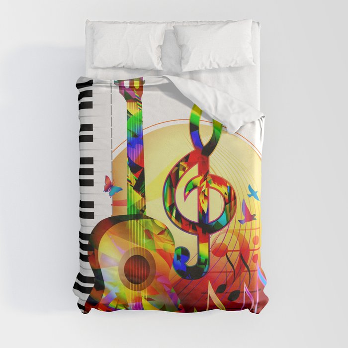 Colorful  music instruments painting, guitar, treble clef, piano, musical notes, flying birds Duvet Cover