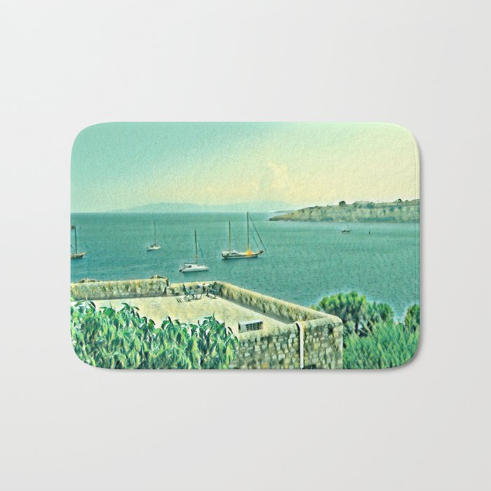 Retro turquoise blue sky over the turkish Harbor Bodrum Castle sea view Bath Mat