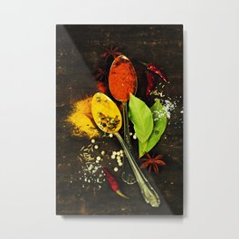 Bright spices on an old  wooden board Metal Print