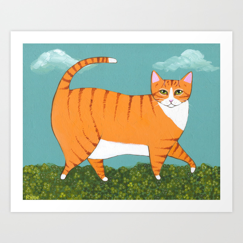 Chonky Ginger Cat in Clover Art Print by kilkennycat | Society6