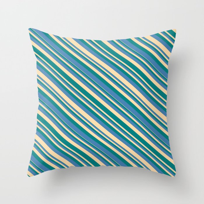 Tan, Teal & Blue Colored Lines/Stripes Pattern Throw Pillow