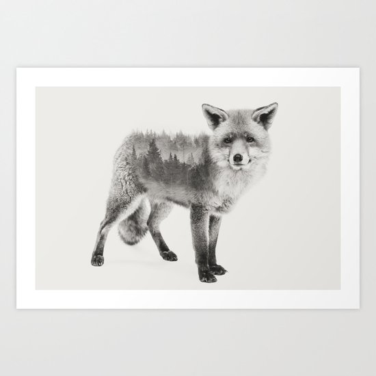 Fox Black and White Double Exposure Art Print