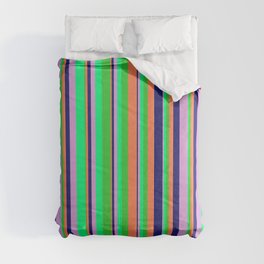 [ Thumbnail: Vibrant Lime Green, Coral, Midnight Blue, Plum, and Green Colored Lines/Stripes Pattern Comforter ]