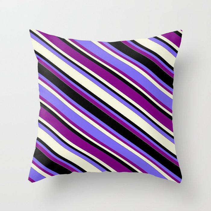 Medium Slate Blue, Purple, Beige & Black Colored Lined Pattern Throw Pillow