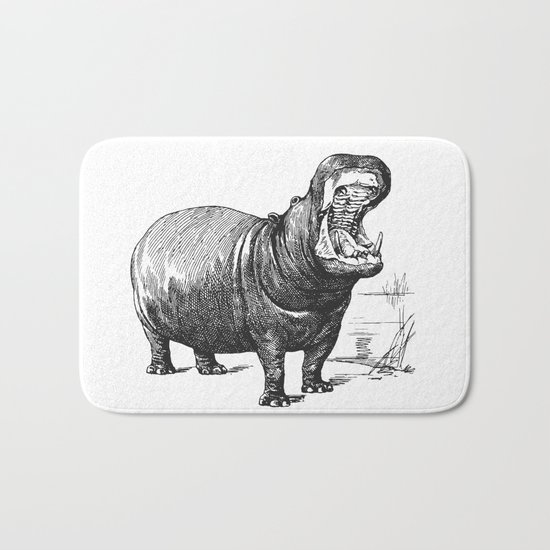 Hippopotamus black and white retro drawing Bath Mat
