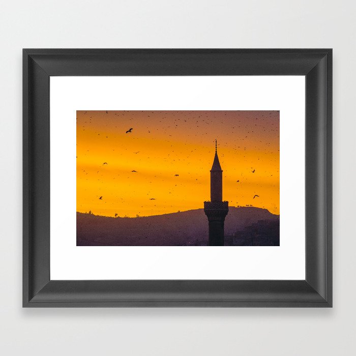 A minaret engulfed by birds 2 Framed Art Print | Landscape, People, Nature, Photo