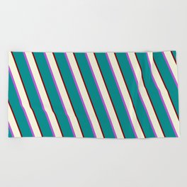 [ Thumbnail: Beige, Orchid, Dark Cyan, and Maroon Colored Striped/Lined Pattern Beach Towel ]