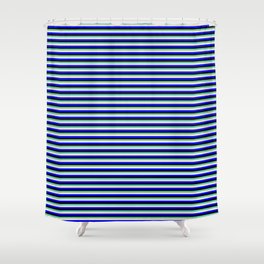 [ Thumbnail: Aquamarine, Beige, Blue & Black Colored Lines Pattern Shower Curtain ]
