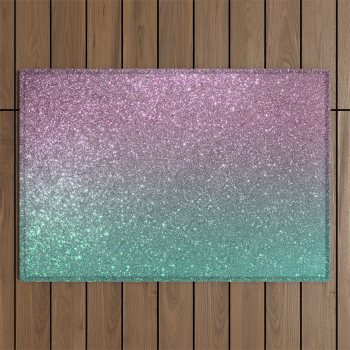 Mermaid Pink Green Sparkly Glitter Ombre Outdoor Rug