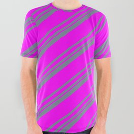 [ Thumbnail: Light Slate Gray and Fuchsia Colored Lines/Stripes Pattern All Over Graphic Tee ]