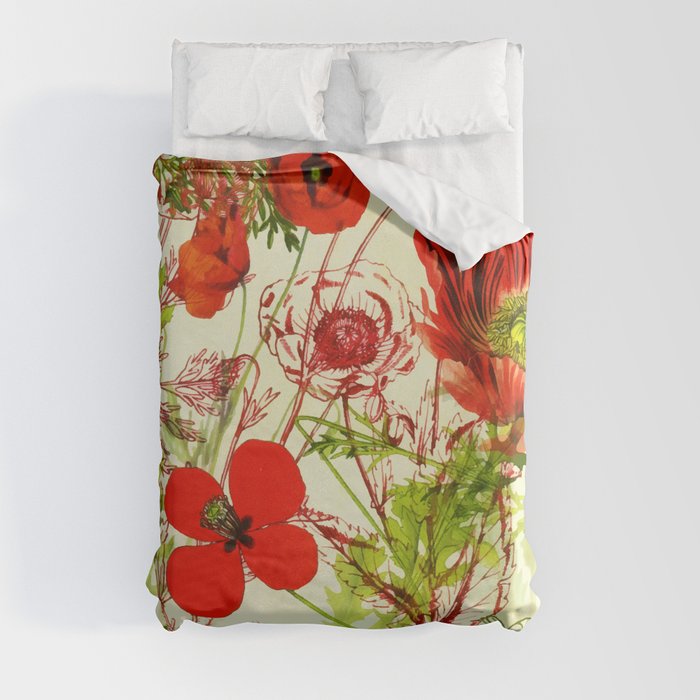 Vintage Red Green Poppies Summer Wildflowers Duvet Cover