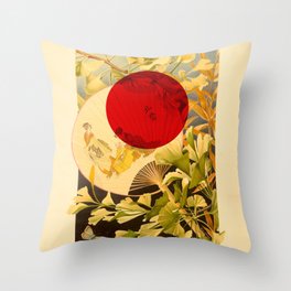 Japanese Ginkgo Hand Fan Vintage Illustration Throw Pillow