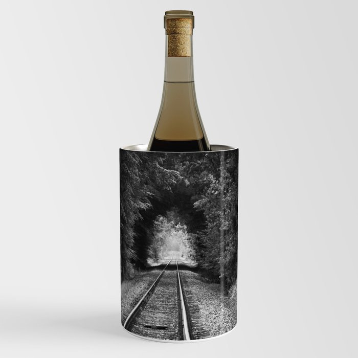 Don't go riding on the long black train; lonely railroad tracks through natural tunnel of leafy trees black and white photograph - photography - photographs Wine Chiller