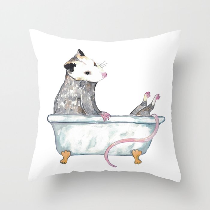 Opossum taking bath watercolor painting Throw Pillow