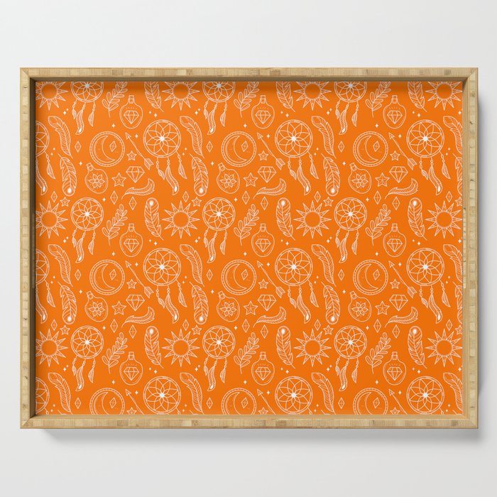 Orange And White Hand Drawn Boho Pattern Serving Tray