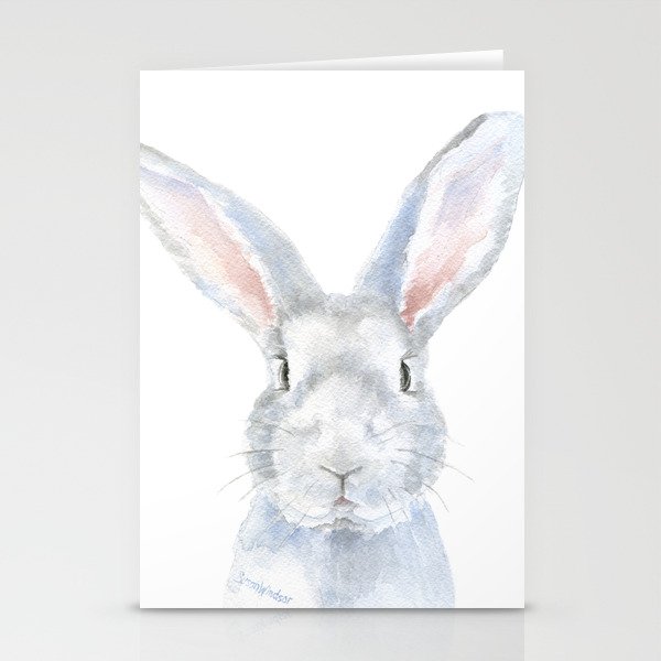 Gray Bunny Rabbit Watercolor Painting Stationery Cards By