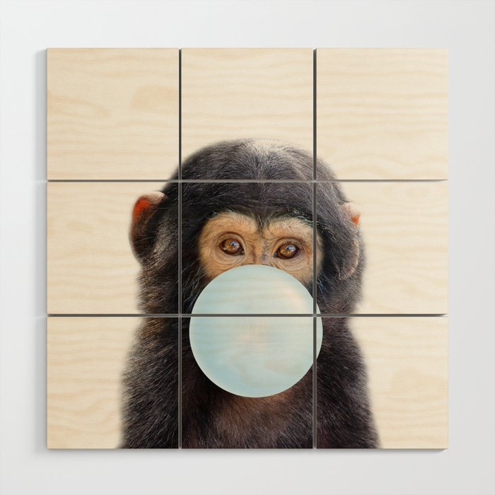 Baby Monkey Blowing Blue Bubble Gum, Baby Boy, Kids, Baby Animals Art Print by Synplus Wood Wall Art