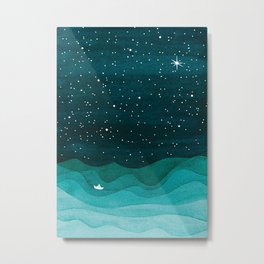 Starry Ocean, teal sailboat watercolor sea waves night Metal Print | Sailor, Kids, Peace, Calm, Illustration, Night, Travel, Sailing, Waves, Paperboat 