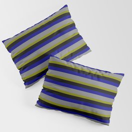 [ Thumbnail: Green, Black, Blue & Gray Colored Lined Pattern Pillow Sham ]