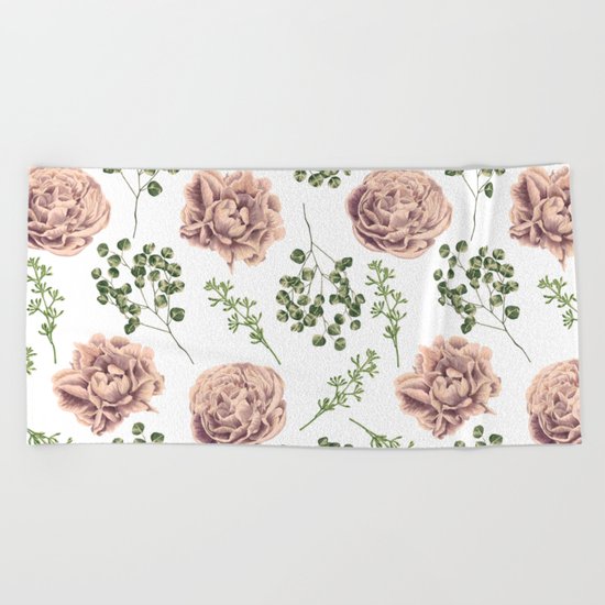 Roses Pattern on White Beach Towel