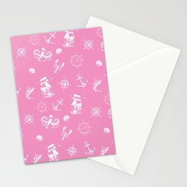 Pink And White Silhouettes Of Vintage Nautical Pattern Stationery Card