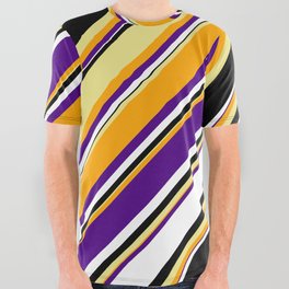 [ Thumbnail: Vibrant Tan, Orange, Indigo, White, and Black Colored Lines/Stripes Pattern All Over Graphic Tee ]