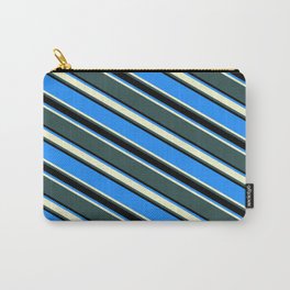 [ Thumbnail: Blue, Light Yellow, Dark Slate Gray & Black Colored Striped/Lined Pattern Carry-All Pouch ]