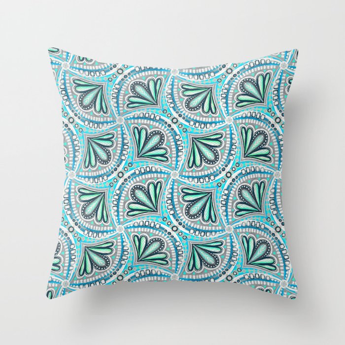 Textured Fan Tessellations in Mint and Cyan Throw Pillow