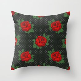 Rockabilly style roses on green polka dots pattern Throw Pillow