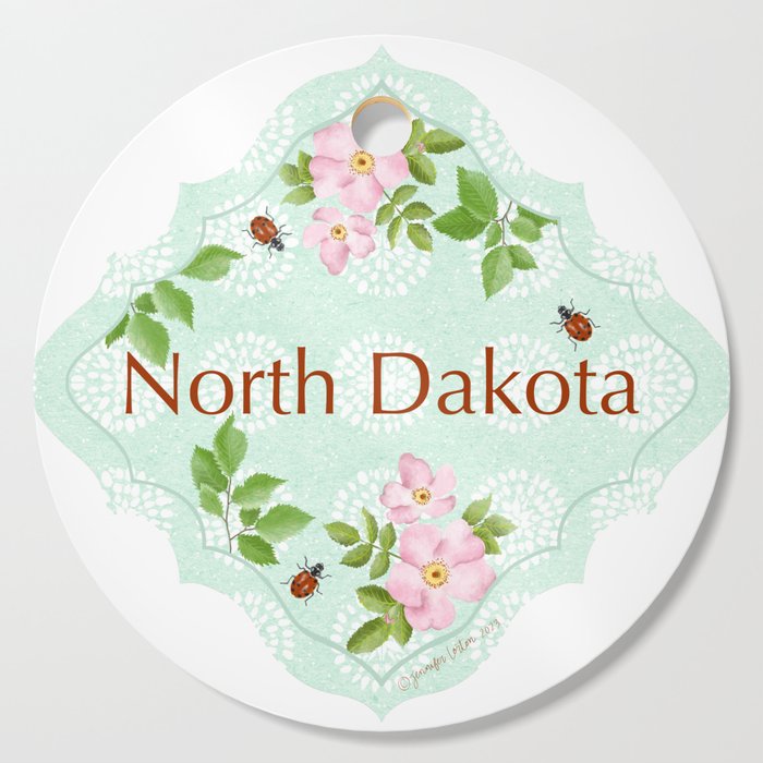 North Dakota Sticker | Vinyl Artist Designed Illustration Featuring the North Dakota State Flower Tree Insect | ND State Sticker Wild Prairie Rose Cutting Board