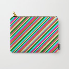 [ Thumbnail: Eye-catching Tan, Green, Cyan, Deep Pink, and Chocolate Colored Pattern of Stripes Carry-All Pouch ]