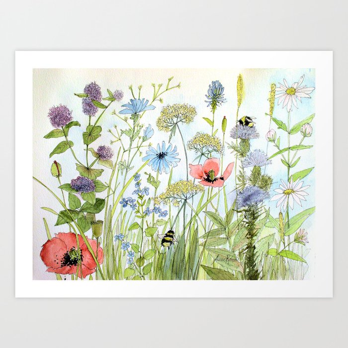 Floral Watercolor Botanical Cottage Garden Flowers Bees Nature Art Art Print