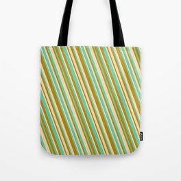 [ Thumbnail: Tan, Aquamarine & Dark Goldenrod Colored Striped/Lined Pattern Tote Bag ]