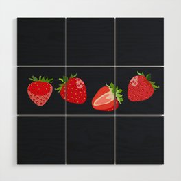 Strawberry - Colorful Summer Vibes Berry Art Design on Dark Blue Wood Wall Art