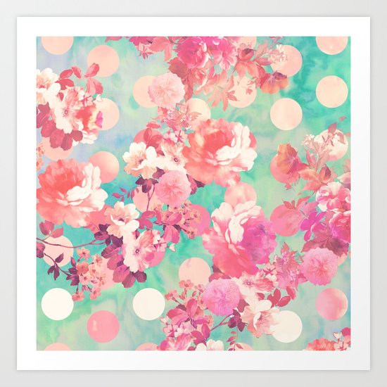 Romantic Pink Retro Floral Pattern Teal Polka Dots Art Print